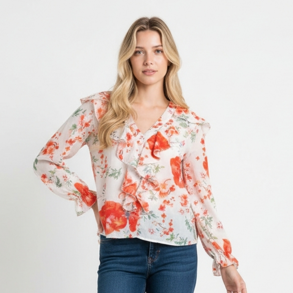 Floral Ruffle Women's Top - Orange and White XL